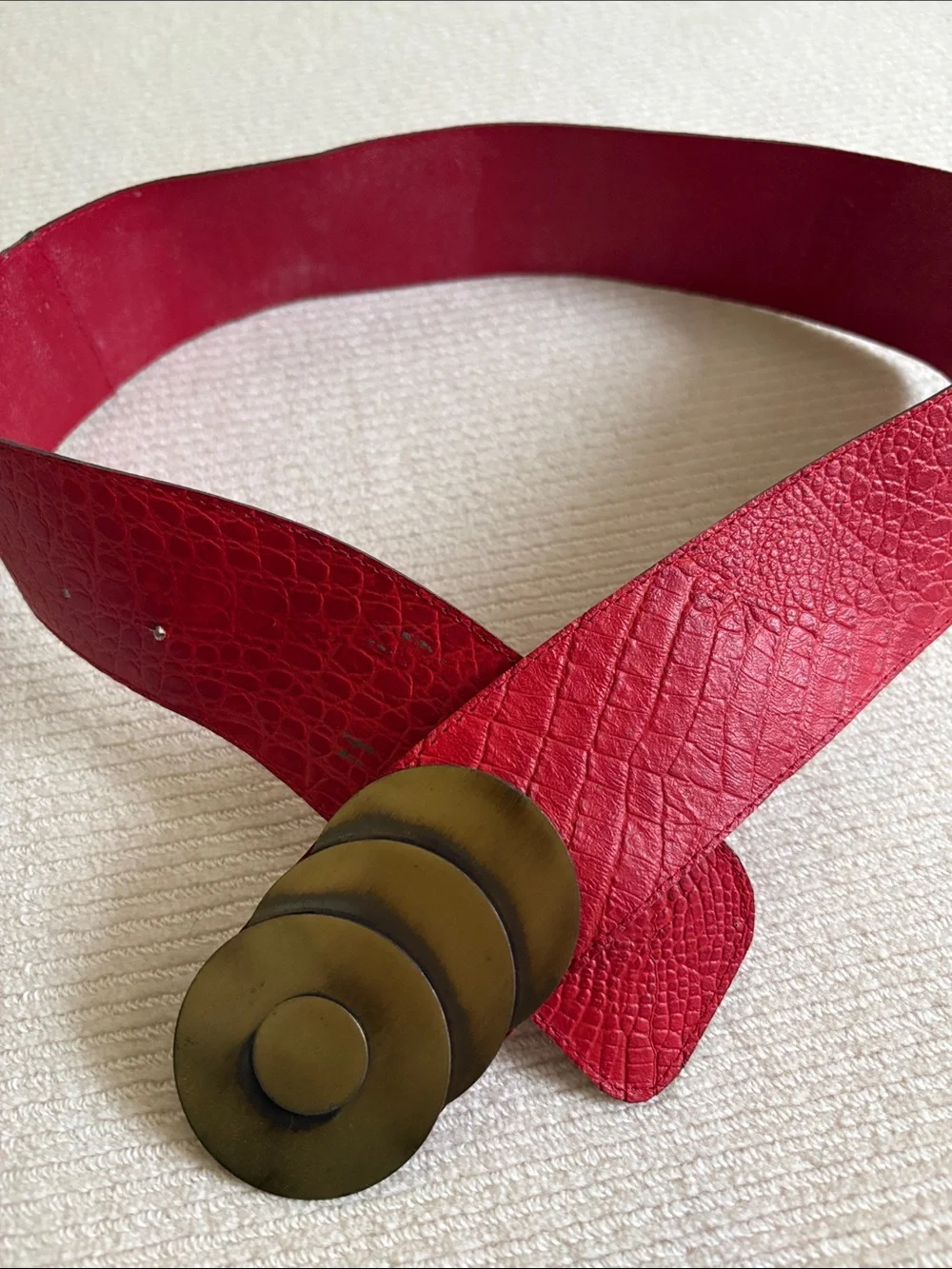 Bold Red Leather Croc Design Waist Belt with Antique Gold Triple Disc Buckle